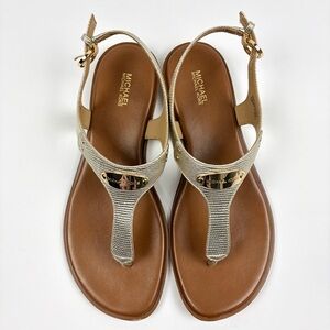 Michael Kors Gold T Strap Sandals Thong Logo Plate Leather Size 10
